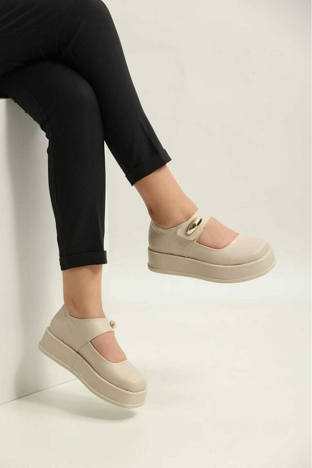Platform Topuklu Loafers Günlük Kadın Krem Ayakkabı