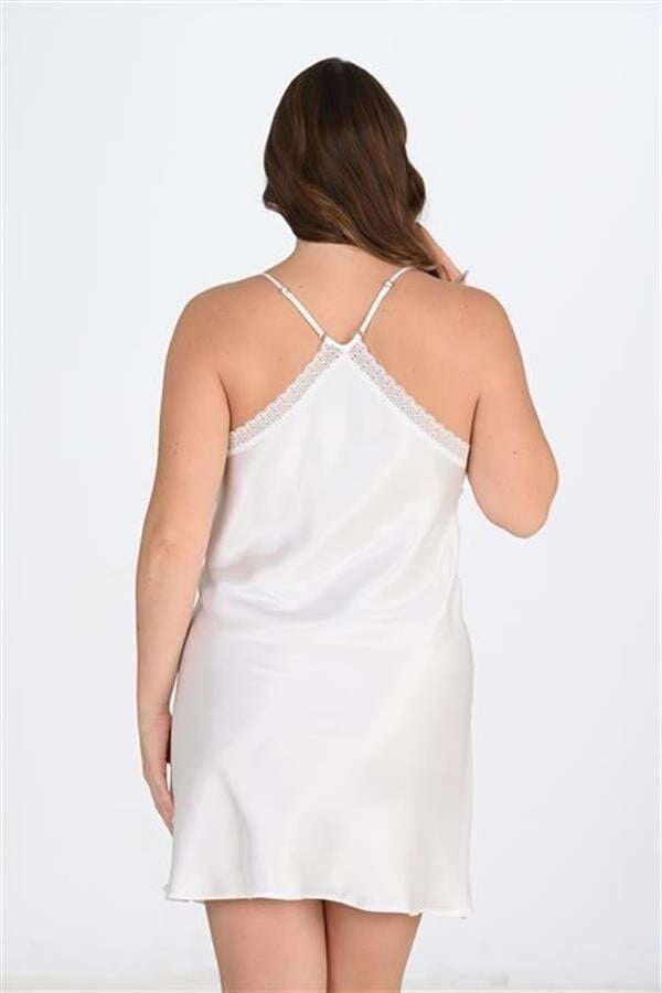 Arias Closet Premium Büyük Beden Saten Dantel İşlemeli Beyaz-Pembe 2'li Gecelik Sabahlık Takımı Bigsize