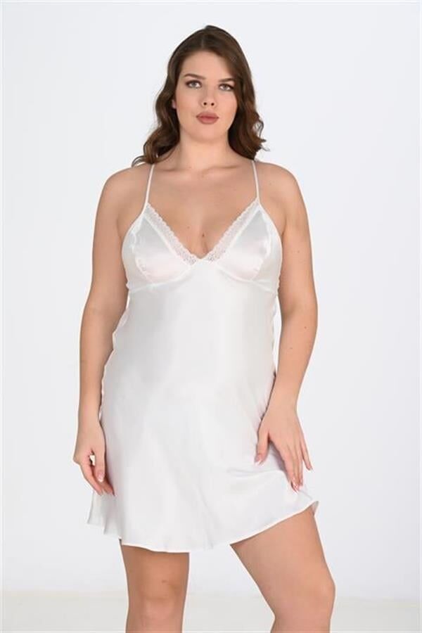 Arias Closet Premium Büyük Beden Saten Dantel İşlemeli Beyaz-Pembe 2'li Gecelik Sabahlık Takımı Bigsize