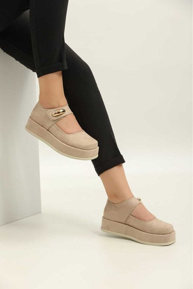 Platform Topuklu Loafers Günlük Kadın Süet Krem Ayakkabı