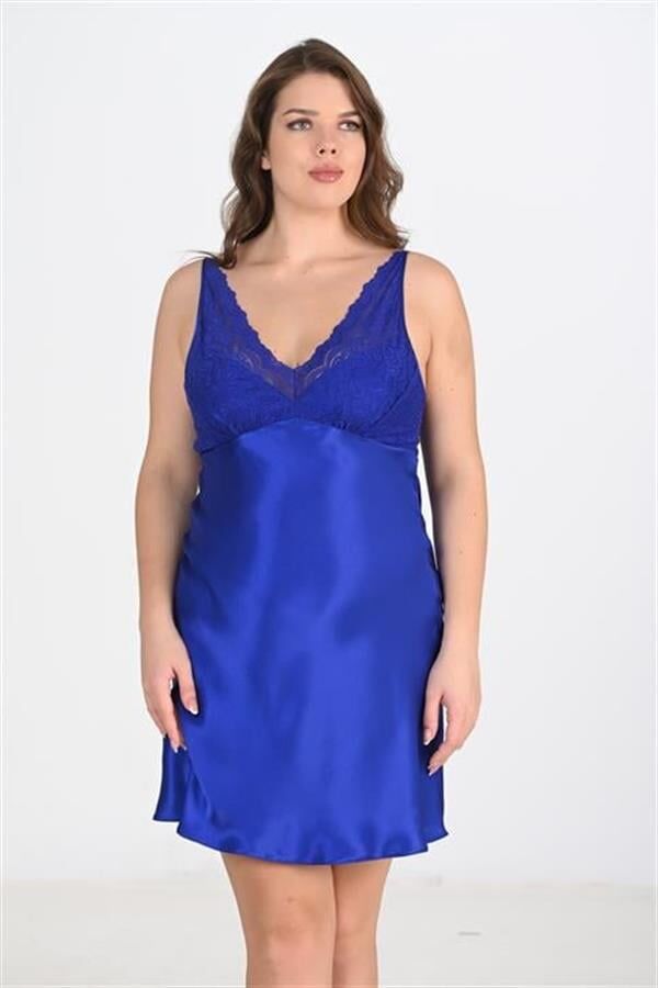 Arias Closet Premium Büyük Beden Saten Dantel İşlemeli Saks 2'li Gecelik Sabahlık Takımı Bigsize