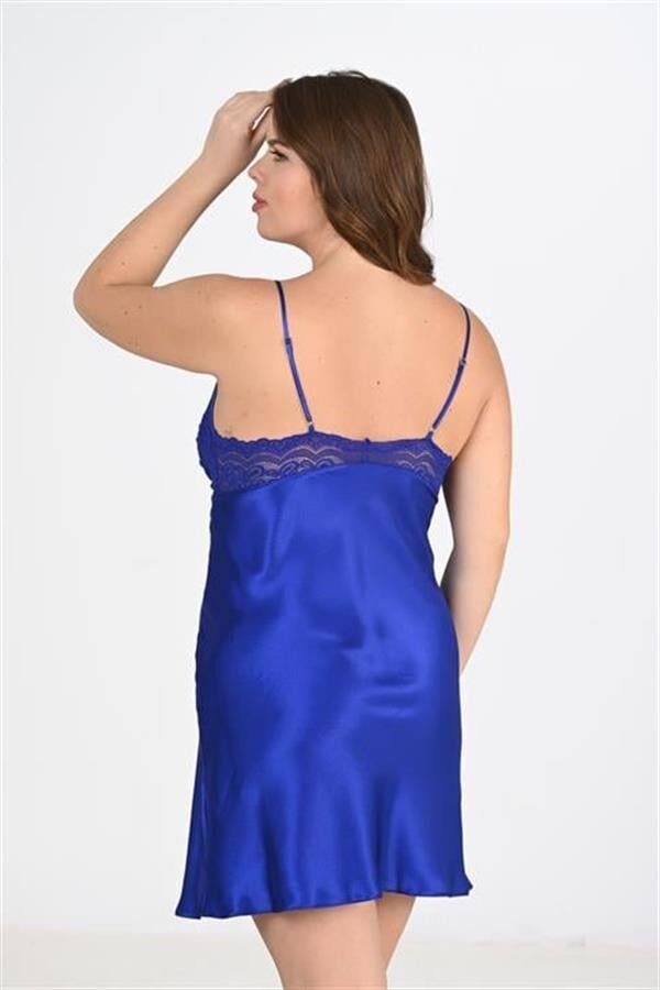 Arias Closet Premium Büyük Beden Saten Dantel İşlemeli Saks 2'li Gecelik Sabahlık Takımı Bigsize