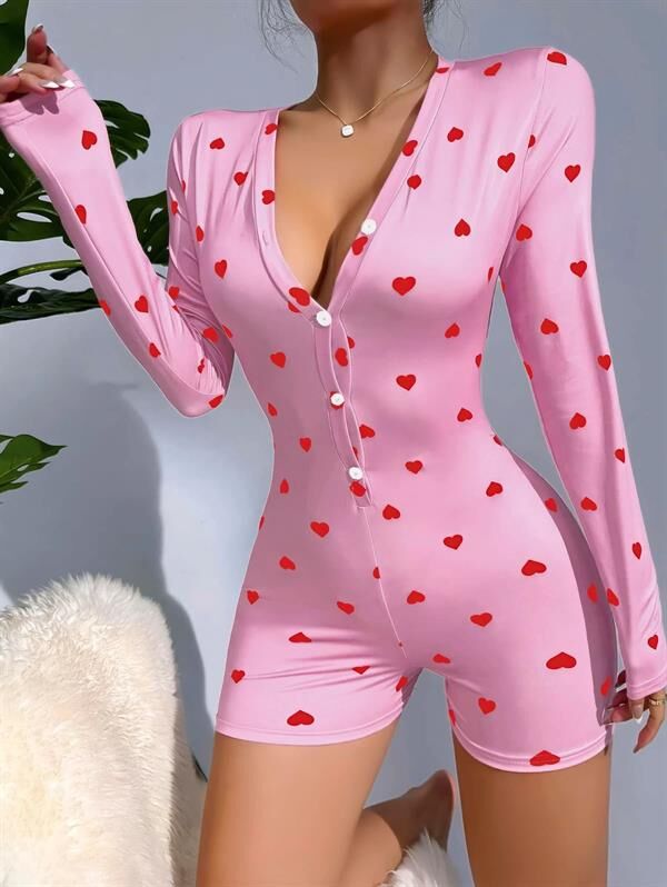 Arias Closet Pamuklu Pembe Kalp Desenli Düğmeli Tulum Pijama