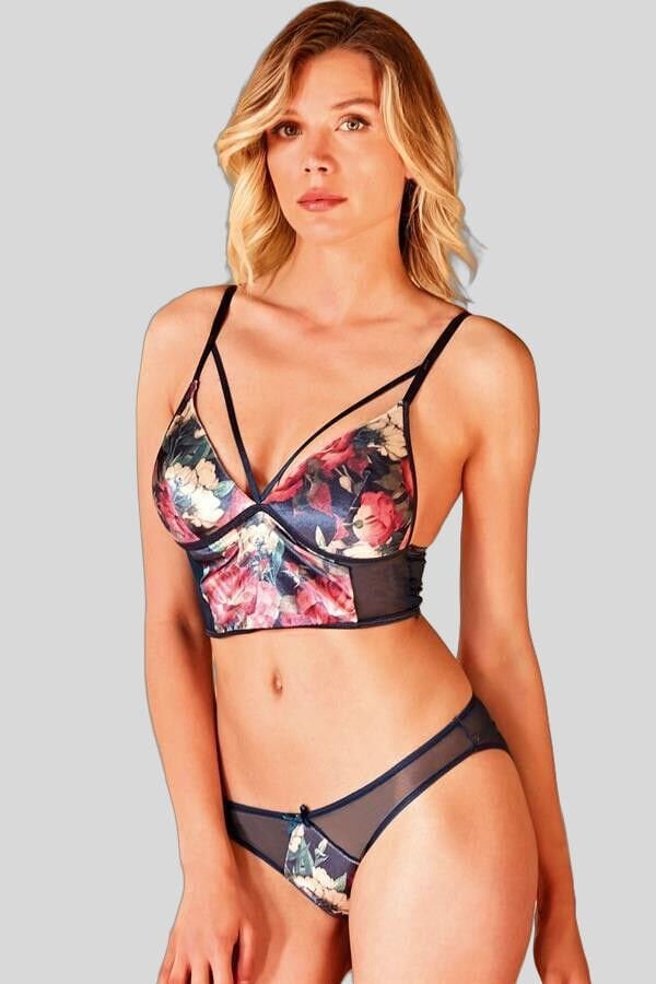 Arias Closet Kadife Balensiz Desteksiz Dolgusuz Yaka Detaylı Çiçek Baskılı Bralet Sütyen ve Slip Takım