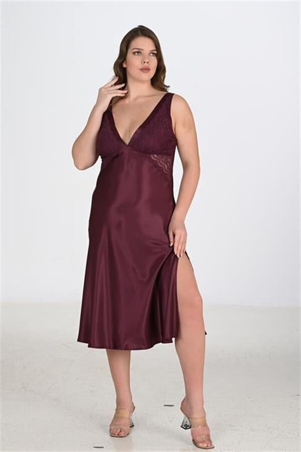 Arias Closet Premium Büyük Beden Saten Dantel İşlemeli Mürdüm Uzun 2'li Gecelik Sabahlık Takımı Bigsize