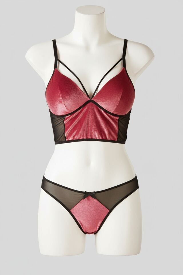 Arias Closet Kadife Balensiz Desteksiz Dolgusuz Yaka Detaylı Bralet Sütyen ve Slip Takım