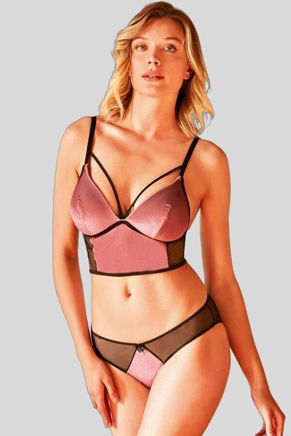 Arias Closet Kadife Balensiz Desteksiz Dolgusuz Yaka Detaylı Bralet Sütyen ve Slip Takım