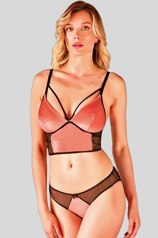 Arias Closet Kadife Balensiz Desteksiz Dolgusuz Yaka Detaylı Bralet Sütyen ve Slip Takım