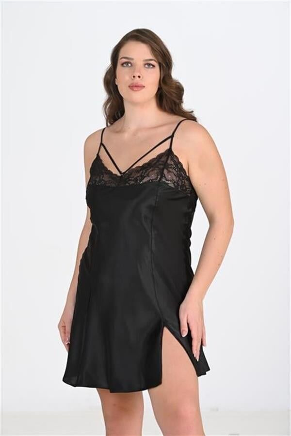 Arias Closet Premium Büyük Beden Saten Dantel İşlemeli Siyah Gecelik Bigsize