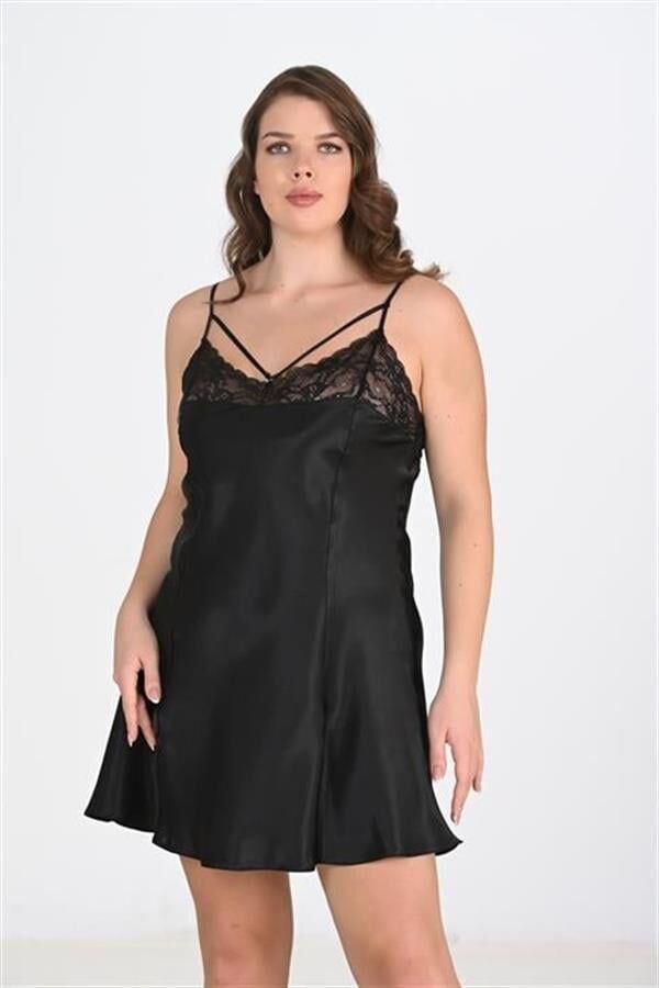 Arias Closet Premium Büyük Beden Saten Dantel İşlemeli Siyah Gecelik Bigsize