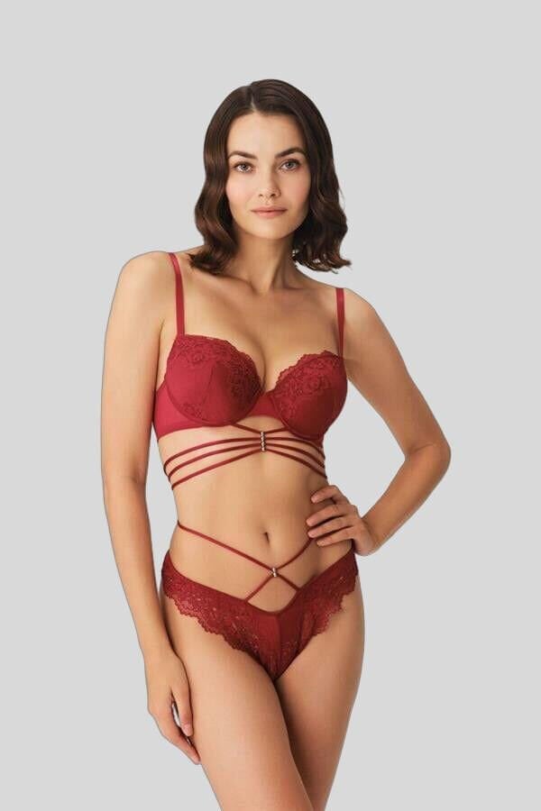 Arias Closet Balenli Destekli Dolgulu Göbek Detaylı Dantelli Sütyen ve String Takım