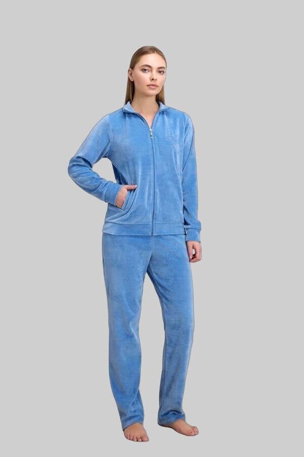 Uzun Kollu Fermuarlı Kadife Sweatshirt ve Pantolon Pijama Takımı