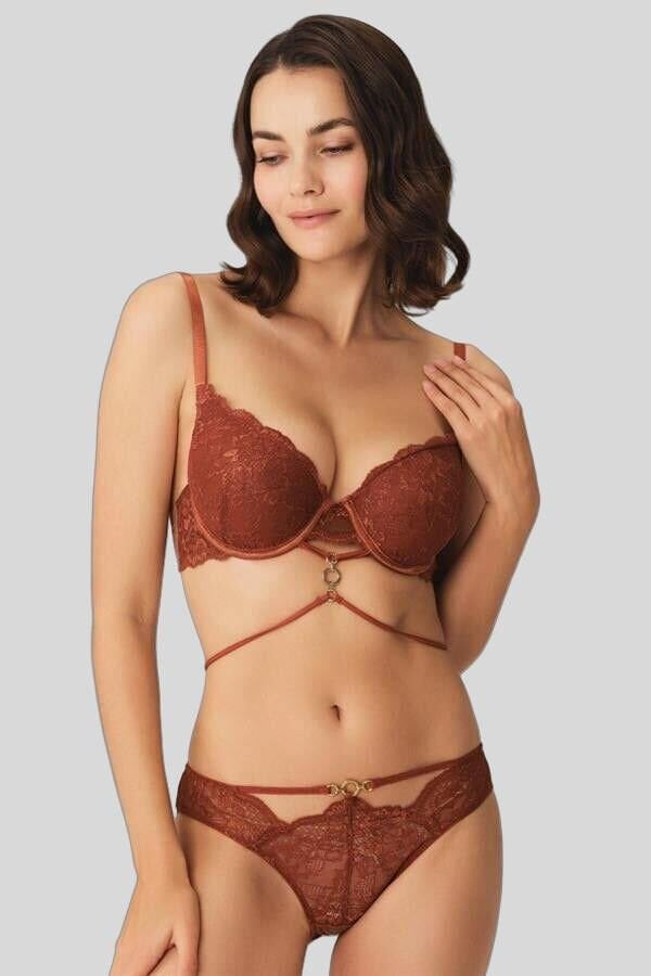 Arias Closet Balenli Destekli Dolgulu Göbek Detaylı Dantelli Sütyen ve Slip Takım