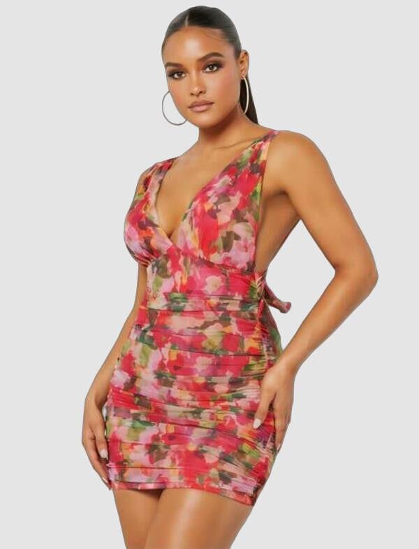 Arias Closet Çiçek Desenli Büzgülü Arkadan Bağlamalı Fantezi Elbise