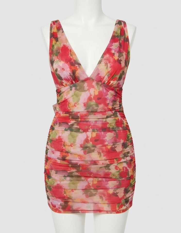 Arias Closet Çiçek Desenli Büzgülü Arkadan Bağlamalı Fantezi Elbise