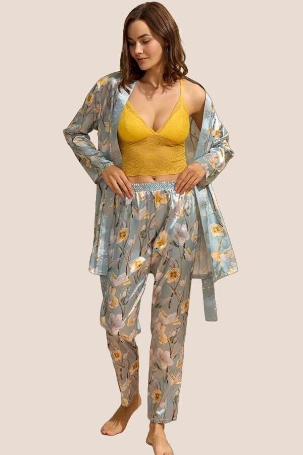 Arias Closet Saten Çiçek Baskılı Sabahlık Balensiz Desteksiz Dolgusuz Dantelli Bralet Sütyen ve Pantolon Pijama 3'lü Takım