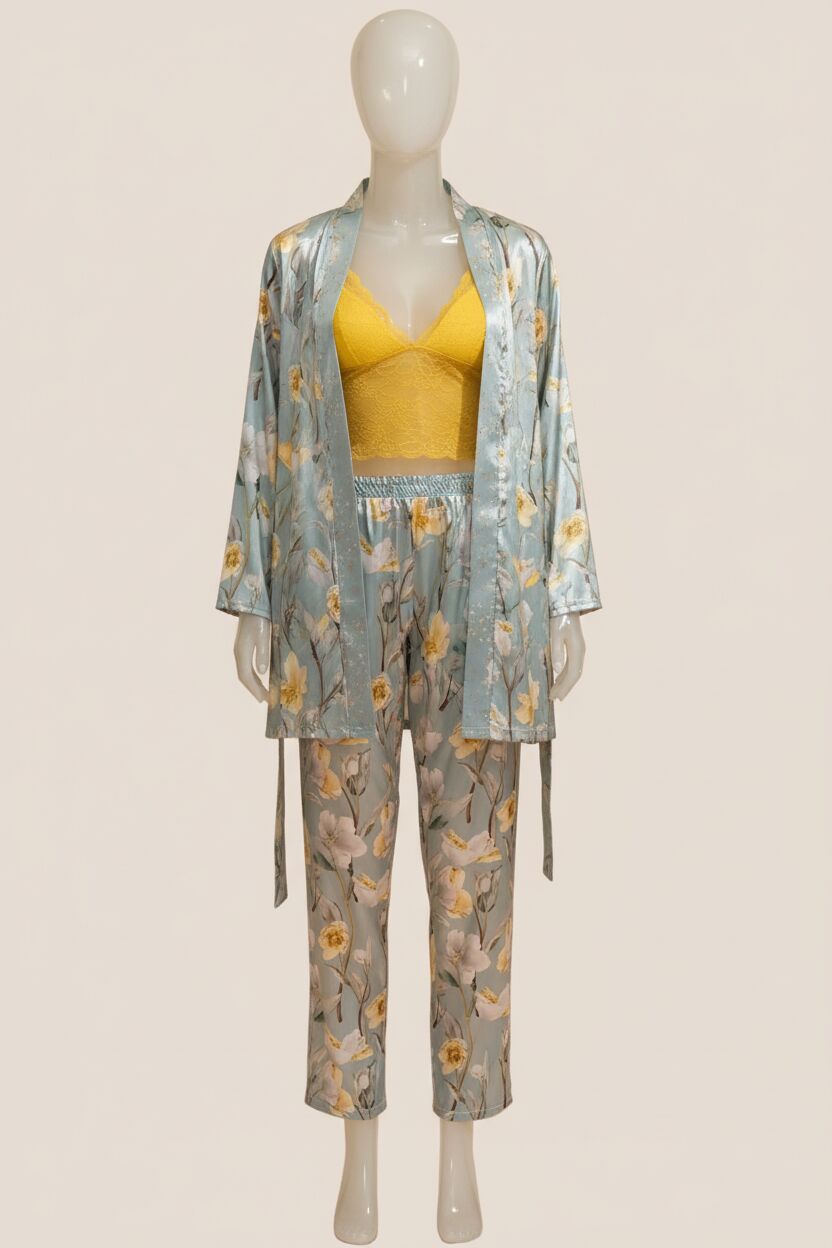 Arias Closet Saten Çiçek Baskılı Sabahlık Balensiz Desteksiz Dolgusuz Dantelli Bralet Sütyen ve Pantolon Pijama 3'lü Takım