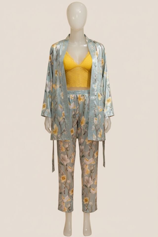 Arias Closet Saten Çiçek Baskılı Sabahlık Balensiz Desteksiz Dolgusuz Dantelli Bralet Sütyen ve Pantolon Pijama 3'lü Takım