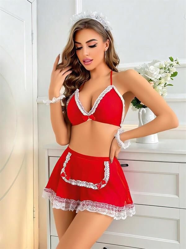 Arias Closet Kırmızı Beyaz Dantel İşlemeli Fantezi Hizmetçi Kostümü