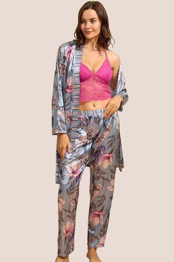 Arias Closet Saten Çiçek Baskılı Sabahlık Balensiz Desteksiz Dolgusuz Dantelli Bralet Sütyen ve Pantolon Pijama 3'lü Takım