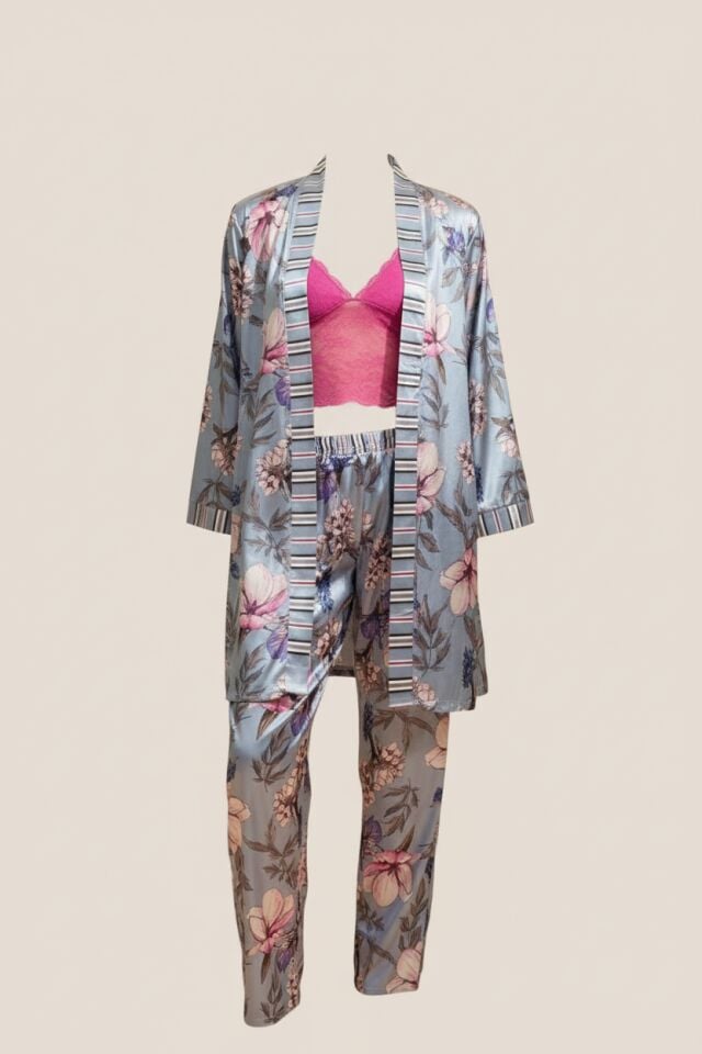 Arias Closet Saten Çiçek Baskılı Sabahlık Balensiz Desteksiz Dolgusuz Dantelli Bralet Sütyen ve Pantolon Pijama 3'lü Takım