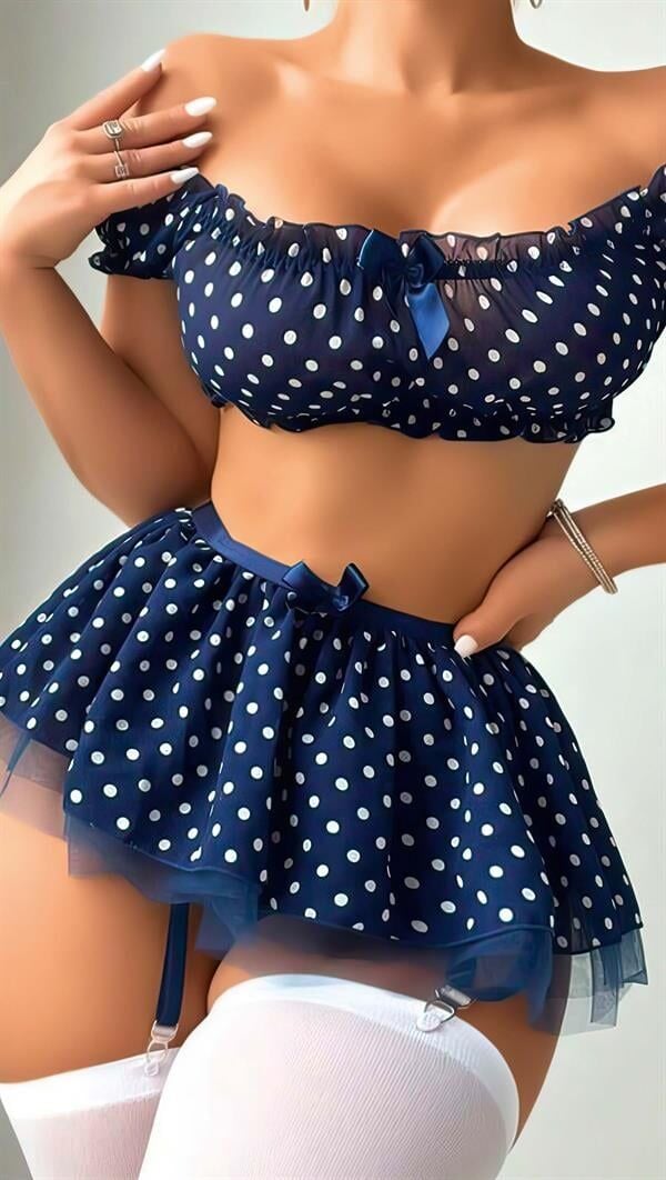 Arias Closet Lacivert Fırfır Etekli Puantiyeli Jartiyerli Fantezi Kostüm