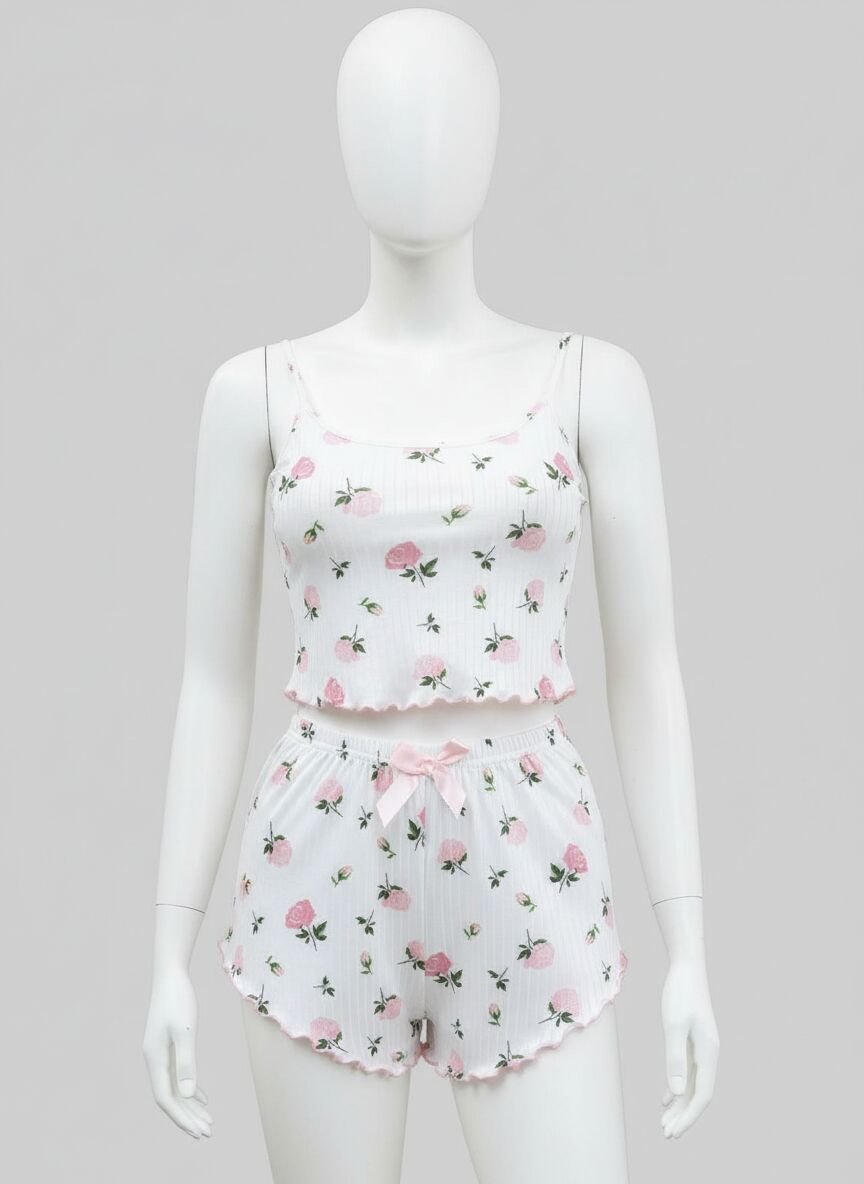 Beyaz Üstüne Gül Desenli Fitilli Askılı Şortlu Pijama Takımı