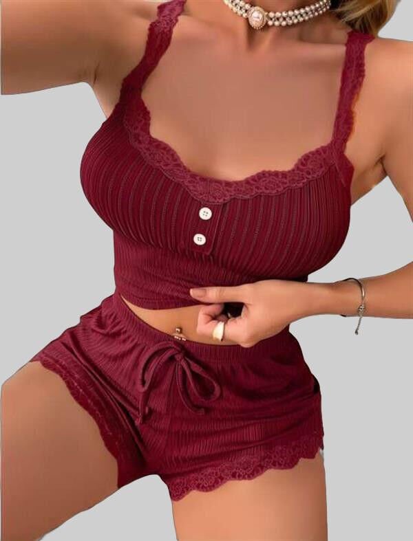 Arias Closet Bordo Dantel İşlemeli Fitilli Askılı Şortlu Pijama Takımı