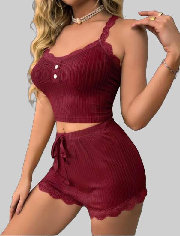 Arias Closet Bordo Dantel İşlemeli Fitilli Askılı Şortlu Pijama Takımı