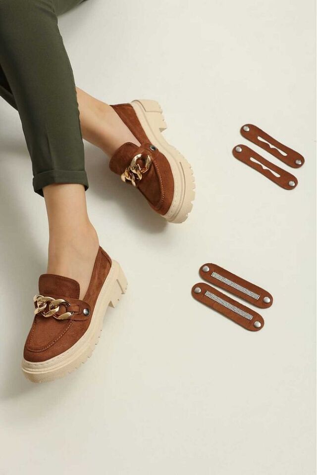 Loafer Kadın Süet Kahverengi Tokası Değiştirilebilen Günlük Ayakkabı