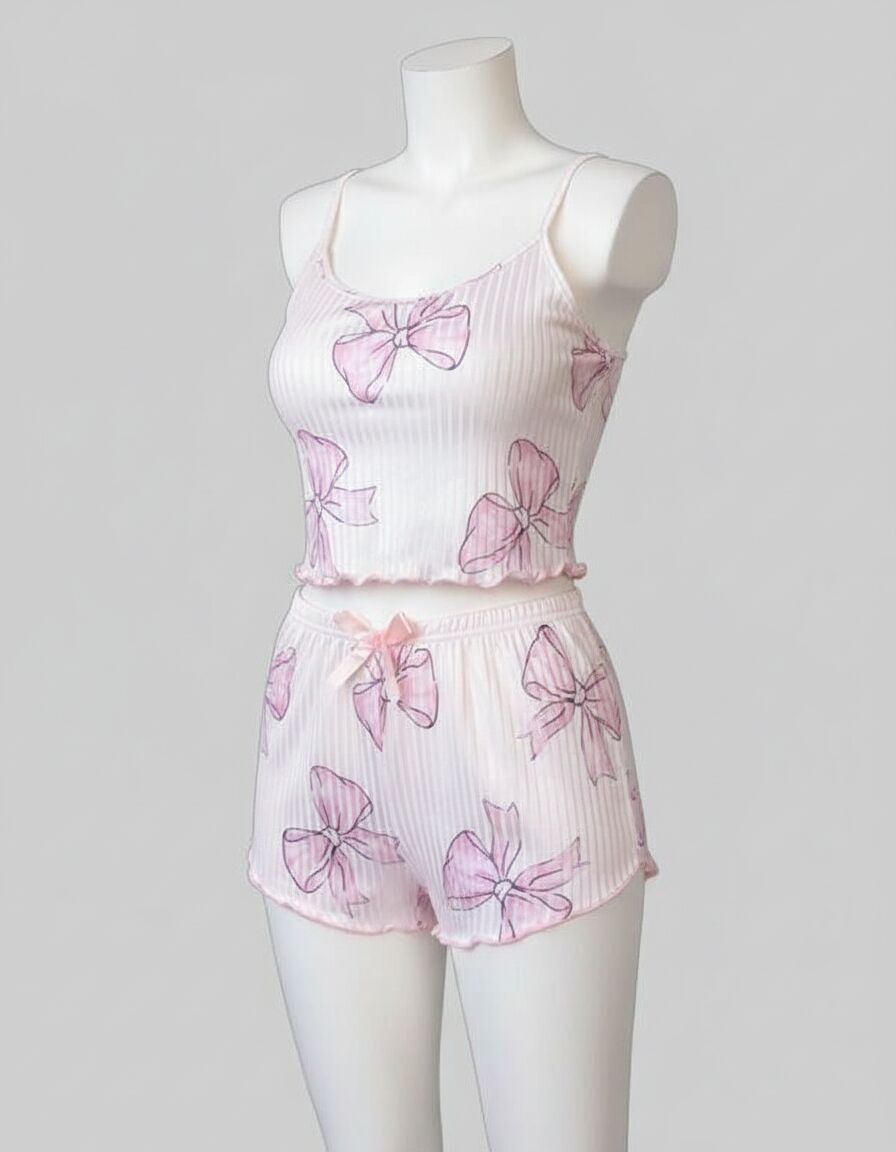 Beyaz Üstüne Kurdela Desenli Fitilli Askılı Şortlu Pijama Takımı