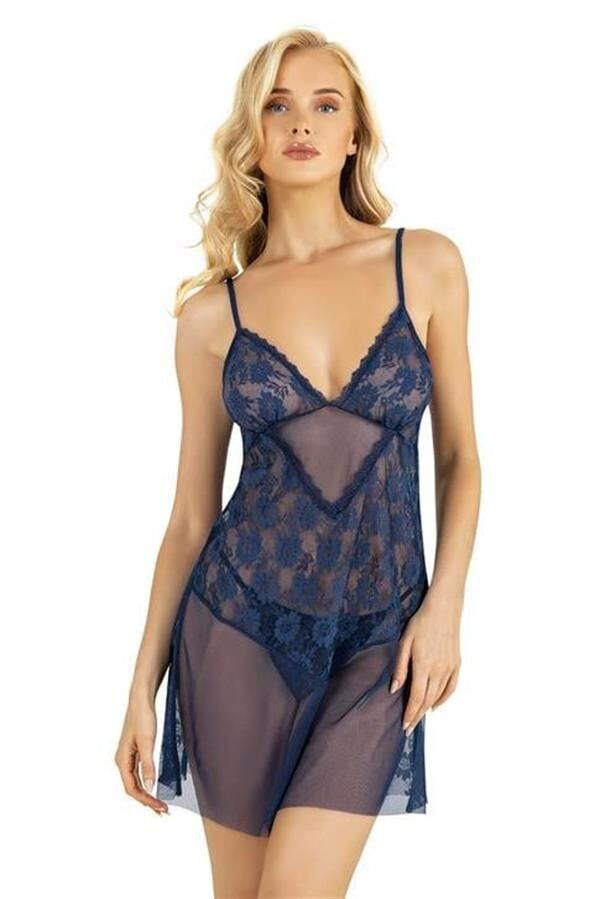 Arias Closet Dantel İşlemeli Lacivert Kısa Tül Gecelik