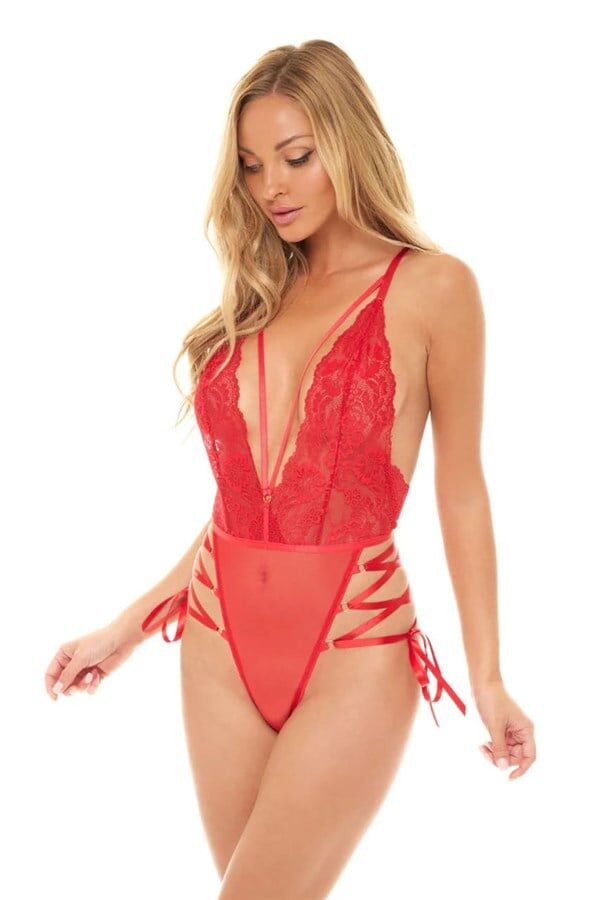 Arias Closet İp Detaylı Dantelli Kırmızı Transparan Fantezi Body