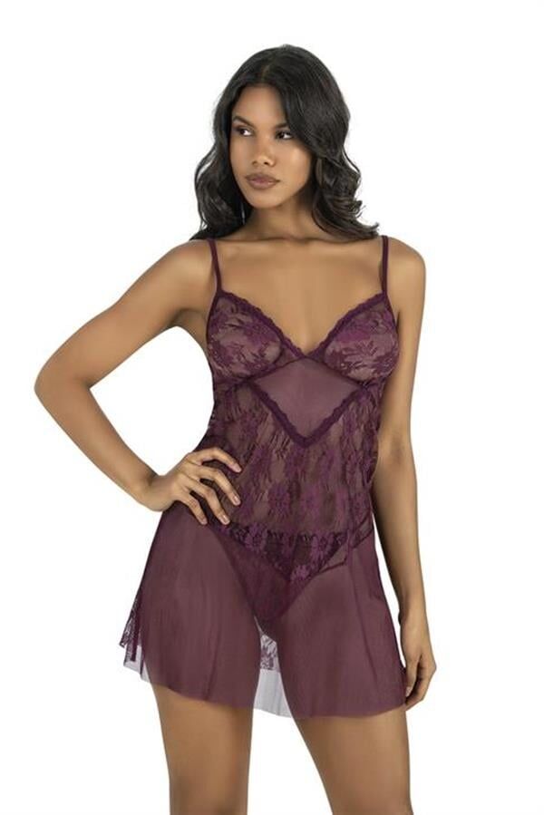 Arias Closet Dantel İşlemeli Mürdüm Kısa Tül Gecelik