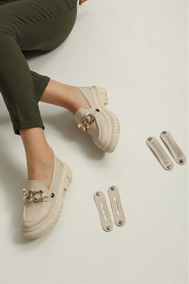 Loafer Kadın Krem Tokası Değiştirilebilen Günlük Ayakkabı