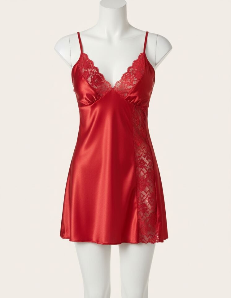 Arias Closet Kırmızı Dantel İşlemeli İnce Askılı Yırtmaçlı Saten Mini Gecelik