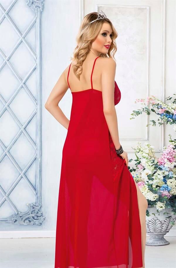 Arias Closet Kırmızı Dantel İşlemeli Yırtmaçlı Fantezi Uzun Gecelik