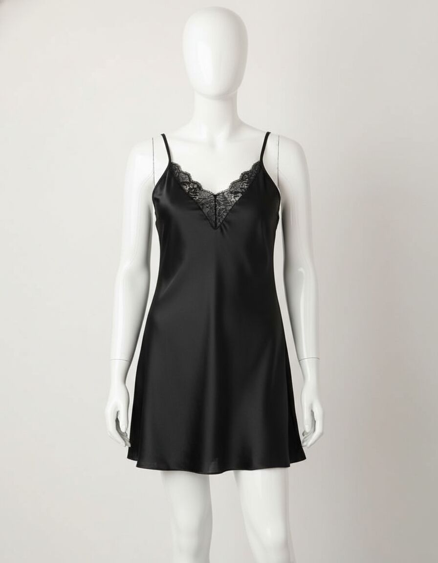 Arias Closet Siyah Dantel İşlemeli İnce Askılı Saten Mini Gecelik