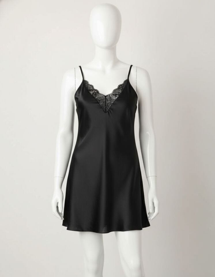Arias Closet Siyah Dantel İşlemeli İnce Askılı Saten Mini Gecelik