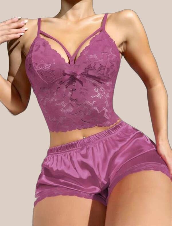 Arias Closet Dantelli Büstiyer İnce Askılı Lila Saten Şortlu Takım