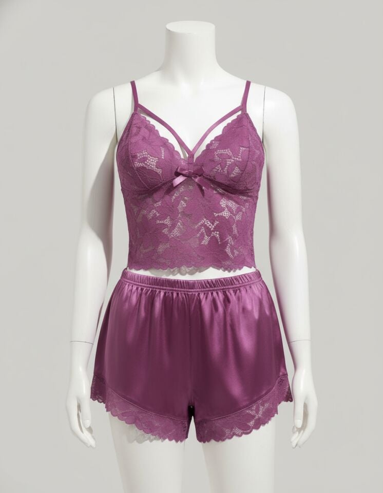 Arias Closet Dantelli Büstiyer İnce Askılı Lila Saten Şortlu Takım