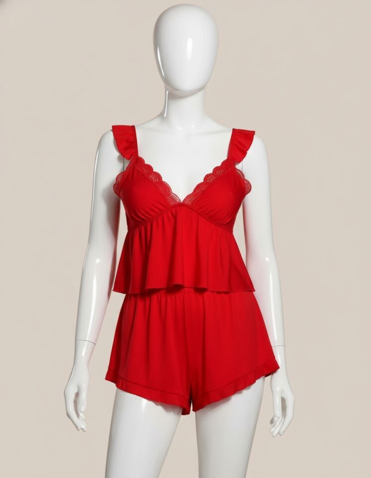 Arias Closet Kırmızı Dantel İşlemeli İnce Askılı Arkadan Bağlamalı Saten Şortlu Takım