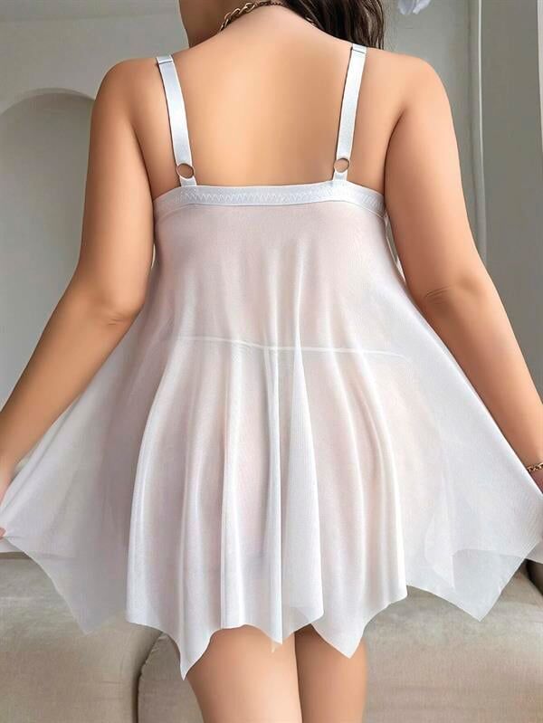 Arias Closet Büyük Beden Beyaz Kalın Askılı Kurdelalı Fantezi Tül Gecelik