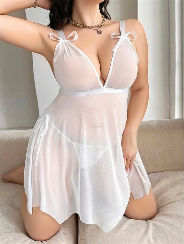 Arias Closet Büyük Beden Beyaz Kalın Askılı Kurdelalı Fantezi Tül Gecelik