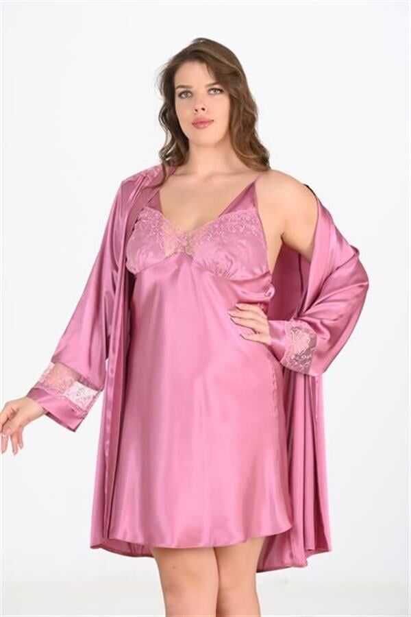 Arias Closet Premium Büyük Beden Saten Dantel İşlemeli Gül Kurusu 2'li Gecelik Sabahlık Takımı Bigsize