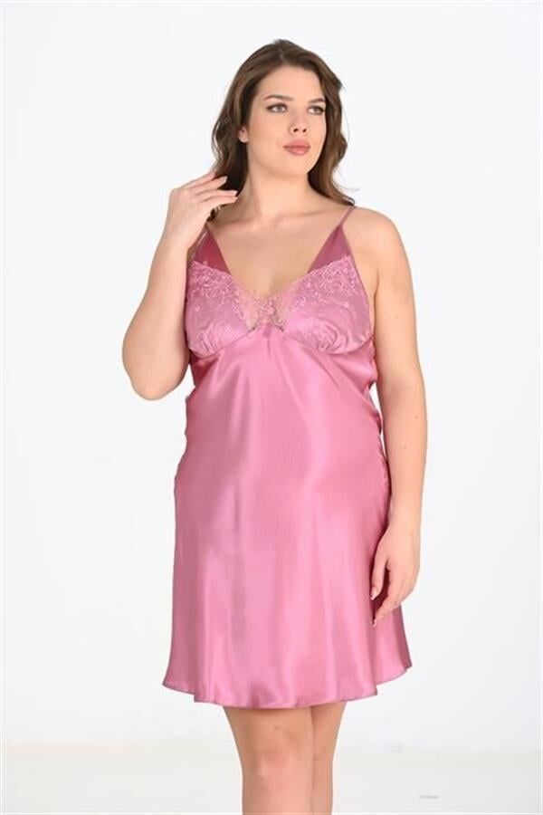 Arias Closet Premium Büyük Beden Saten Dantel İşlemeli Gül Kurusu 2'li Gecelik Sabahlık Takımı Bigsize