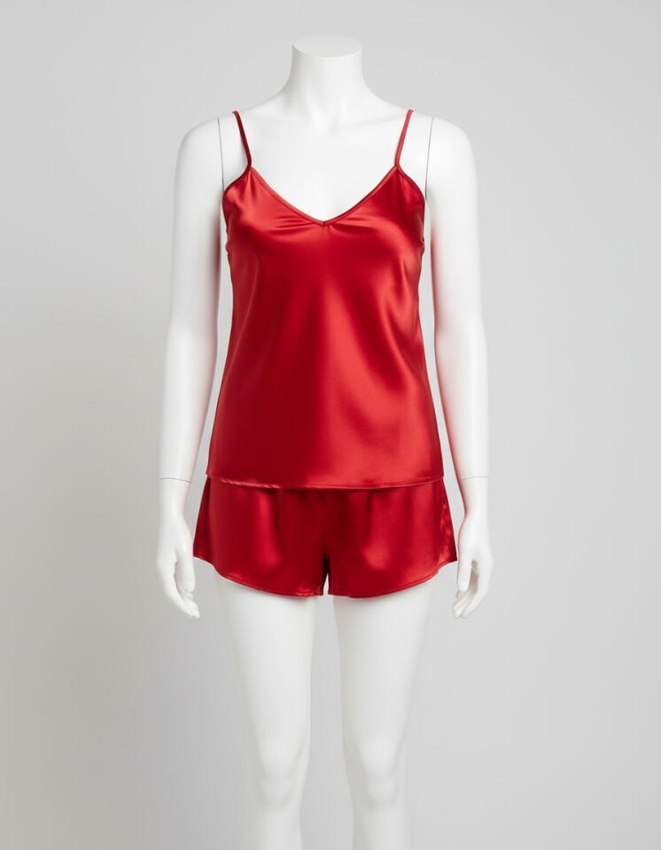 Arias Closet İnce Askılı Kırmızı Saten Şortlu Takım