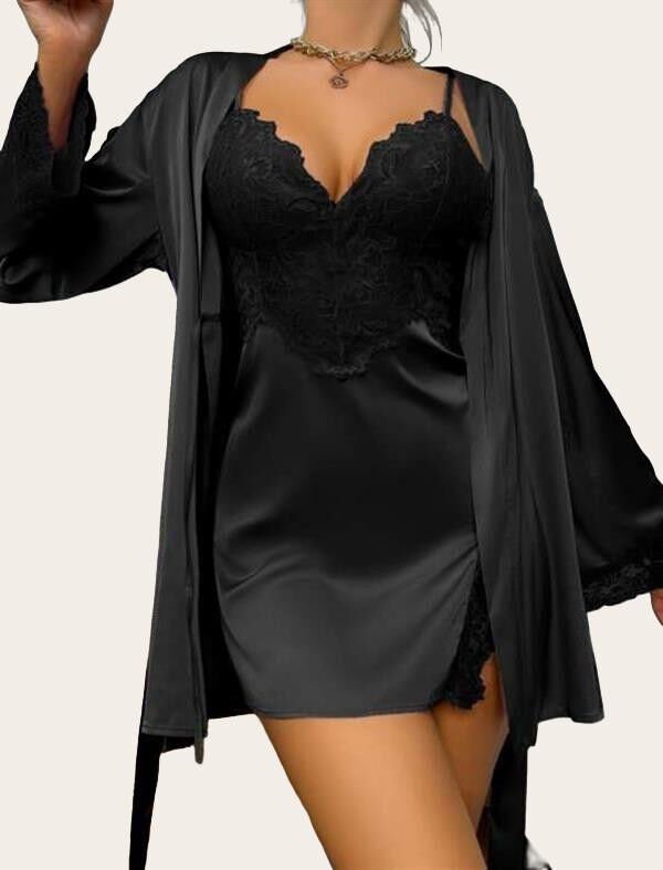 Dantel İşlemeli İnce Askılı Siyah 2'li Saten Gecelik Sabahlık Takımı