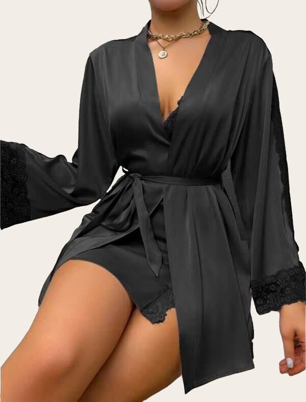 Dantel İşlemeli İnce Askılı Siyah 2'li Saten Gecelik Sabahlık Takımı