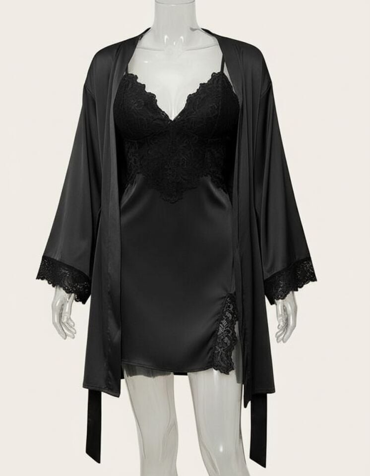 Arias Closet Dantel İşlemeli İnce Askılı Siyah 2'li Saten Gecelik Sabahlık Takımı